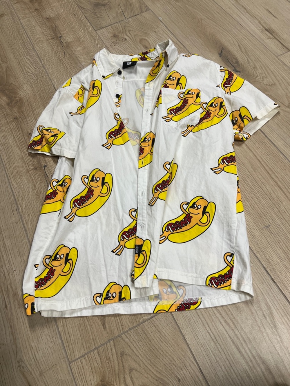 Lazy Oaf White Short-Sleeve Button-Up Shirt with Yellow Hot Dog Print